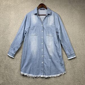 Zilcremo Dress Womens XL Light Blue Denim Longline Frayed Hem Shirt Dress